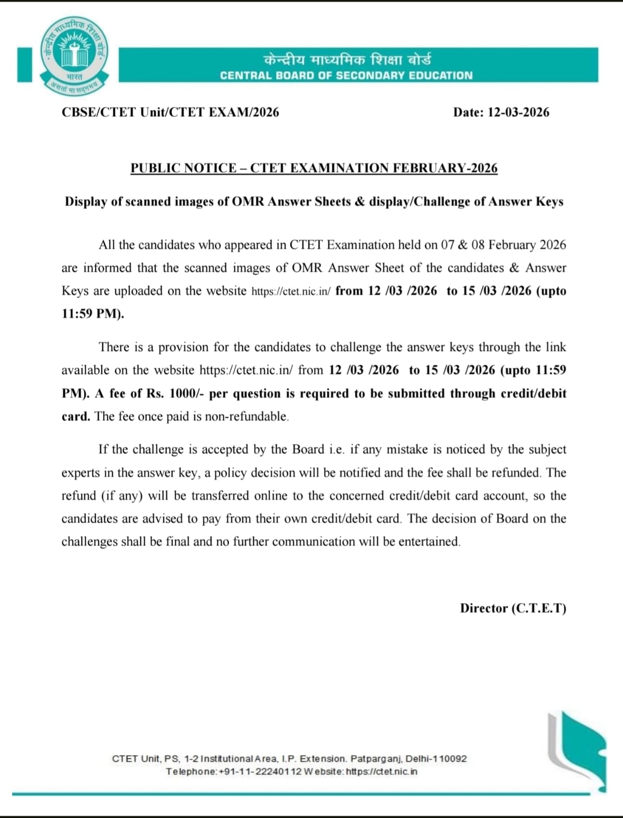 CTET February 2026: CBSE Releases OMR Sheet and Answer Key, Objection Window Open Notice
