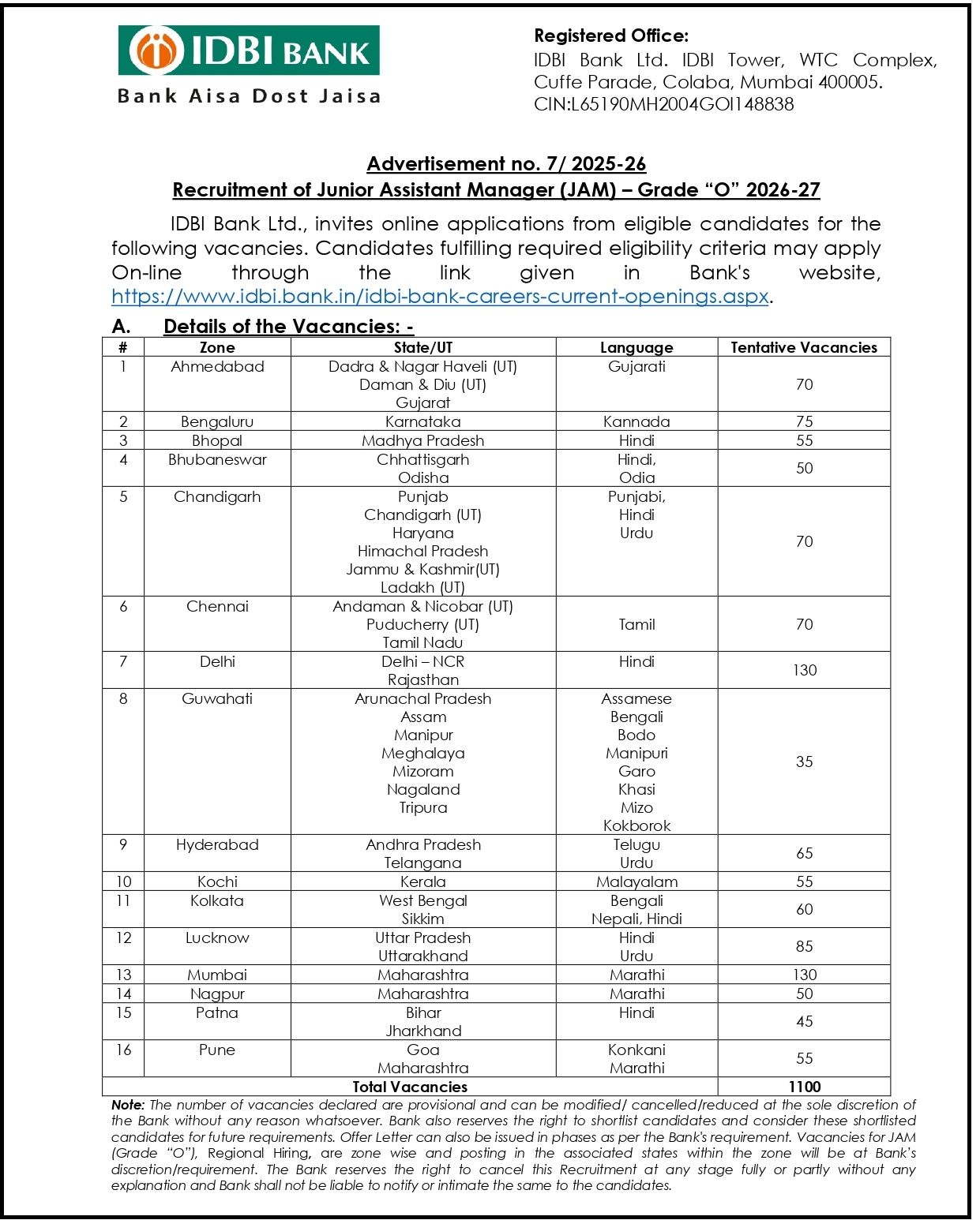IDBI Bank JAM Recruitment Online Form 2026
