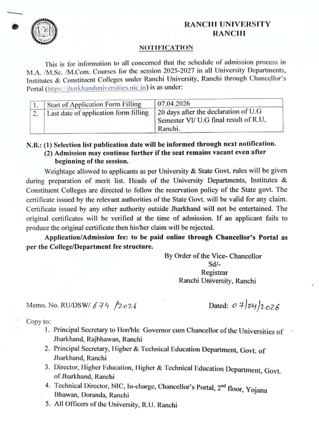 Ranchi University PG Admission 2025-27