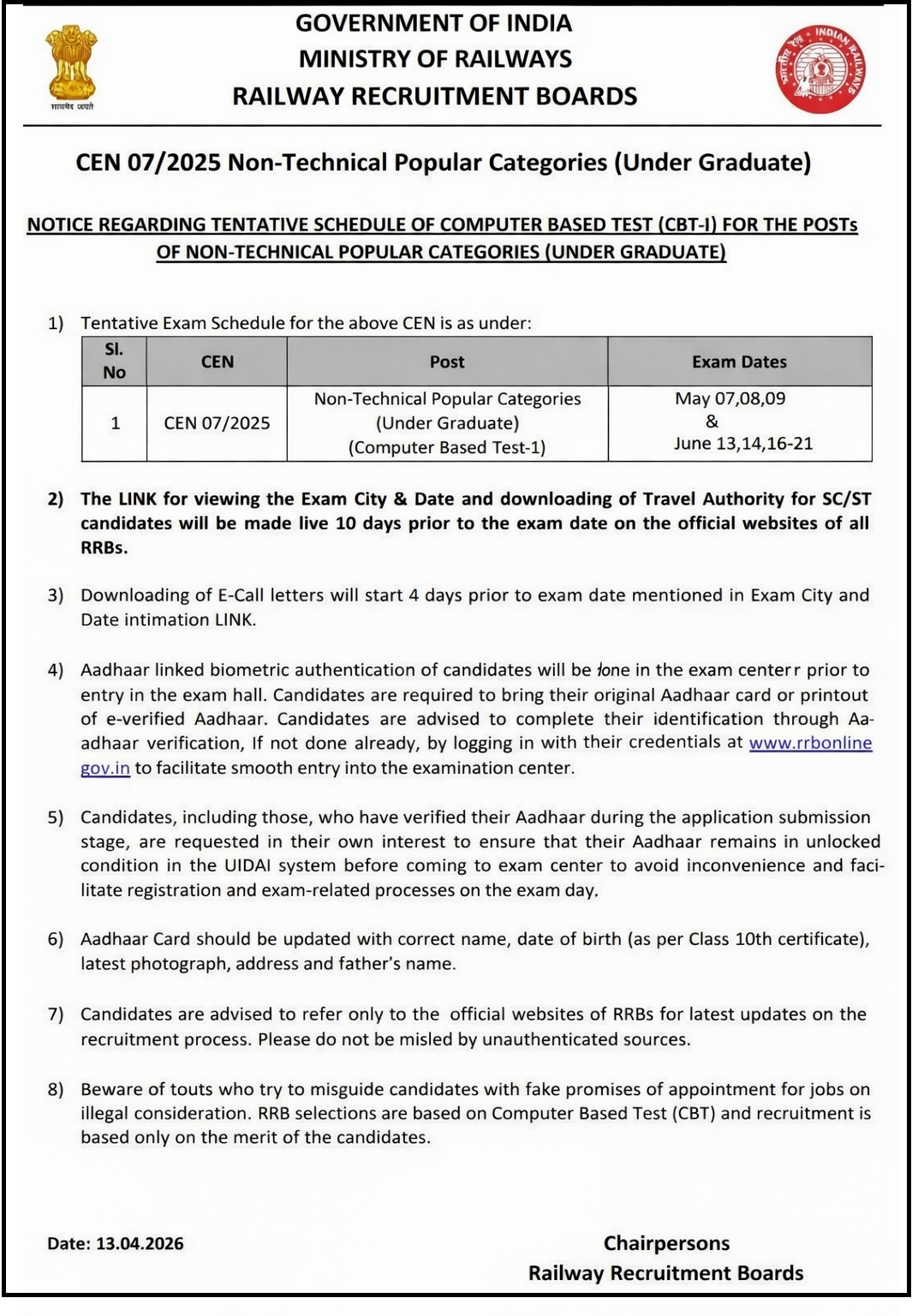 RRB NTPC 2025 CBT-1 Exam Date Announced Notice