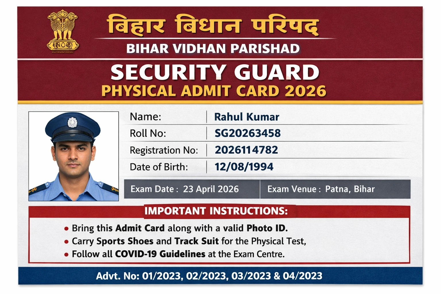 Bihar Vidhan Parishad Security Guard Physical Admit Card 2026