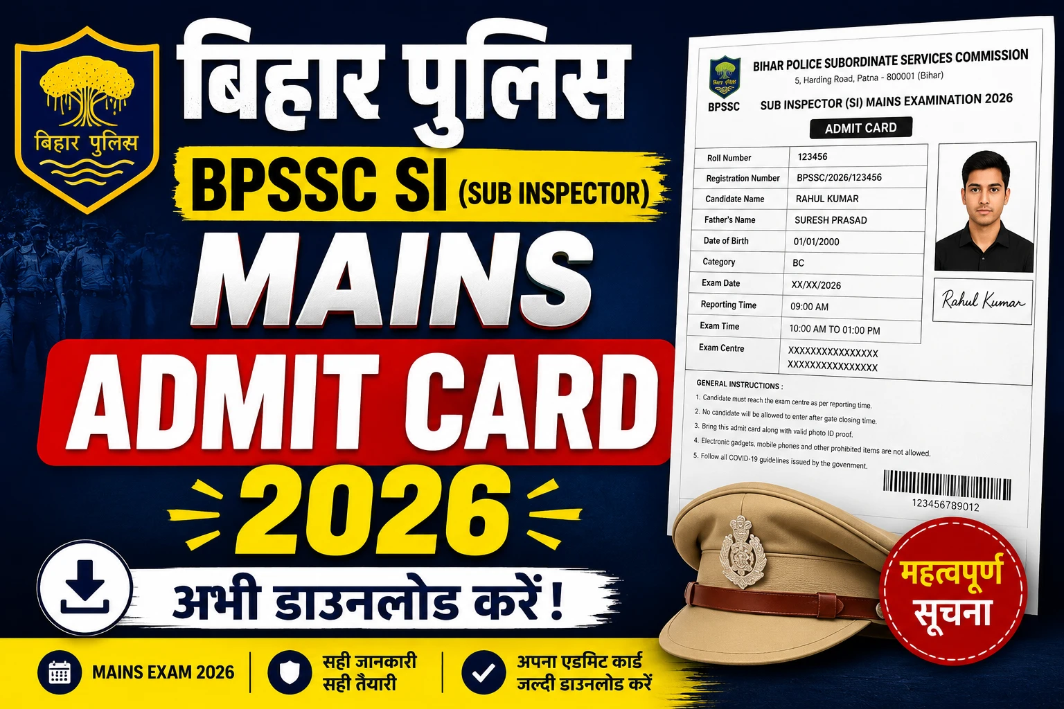Bihar Police BPSSC SI Mains Admit Card 2026