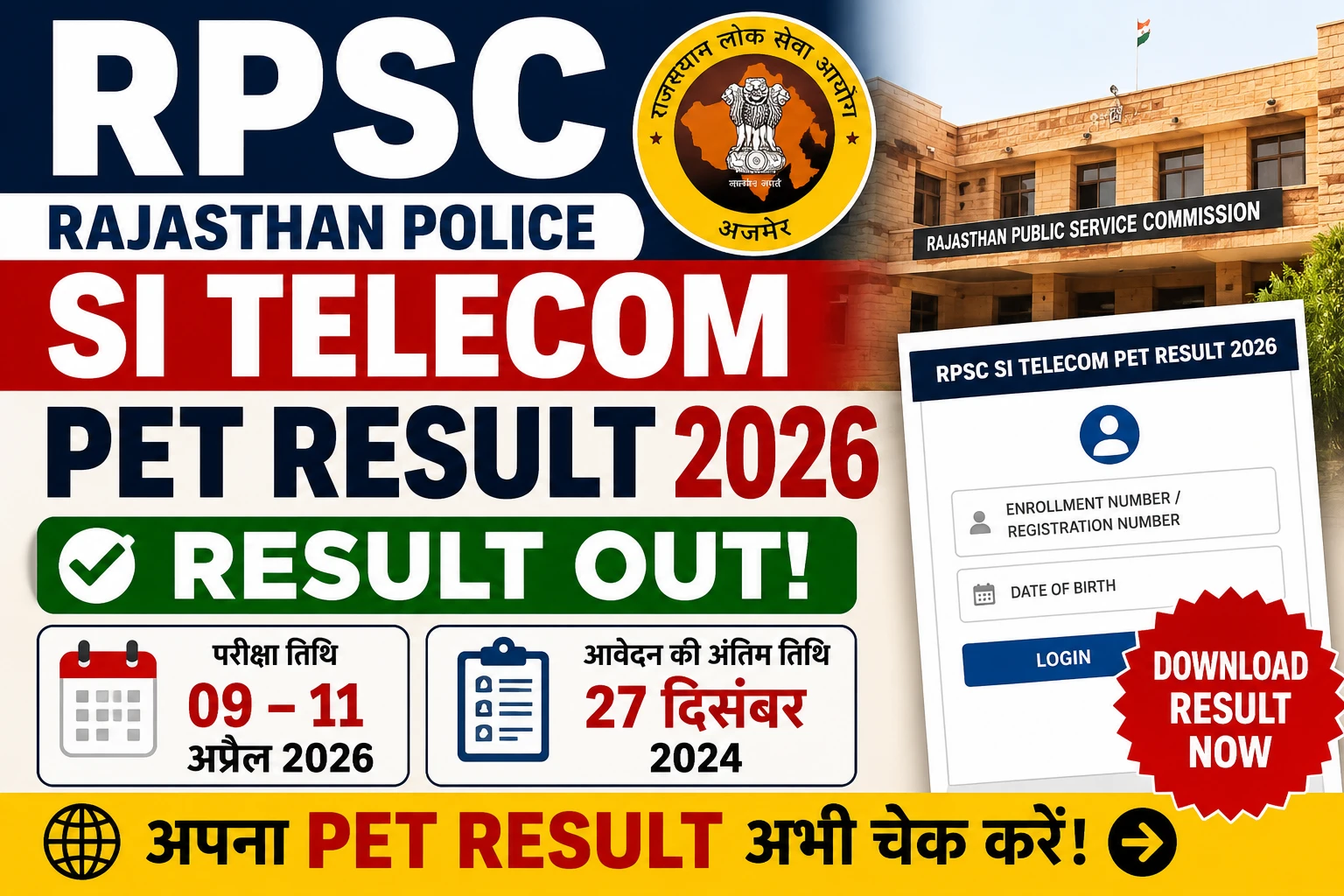 RPSC Rajasthan Police SI Telecom PET Result 2026