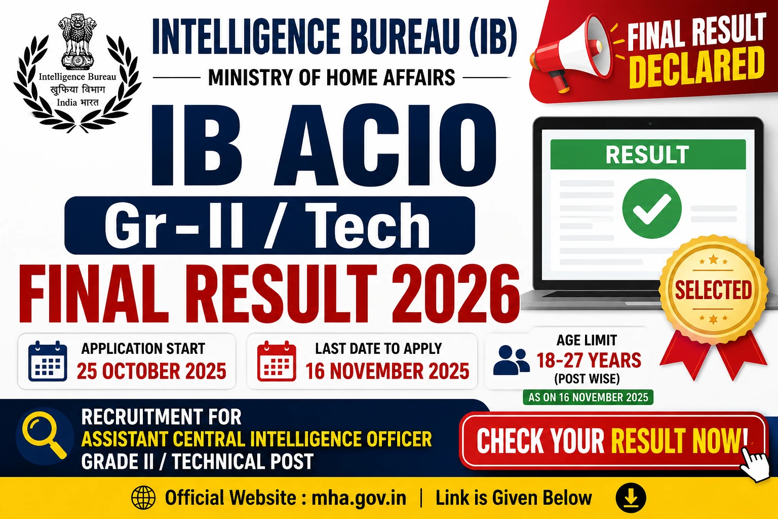 IB ACIO Gr-II/ Tech Final Result 2026