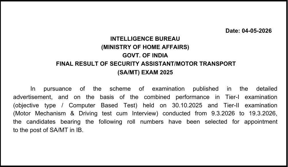 IB Security Assistant/MT Final Result 2025 Declared