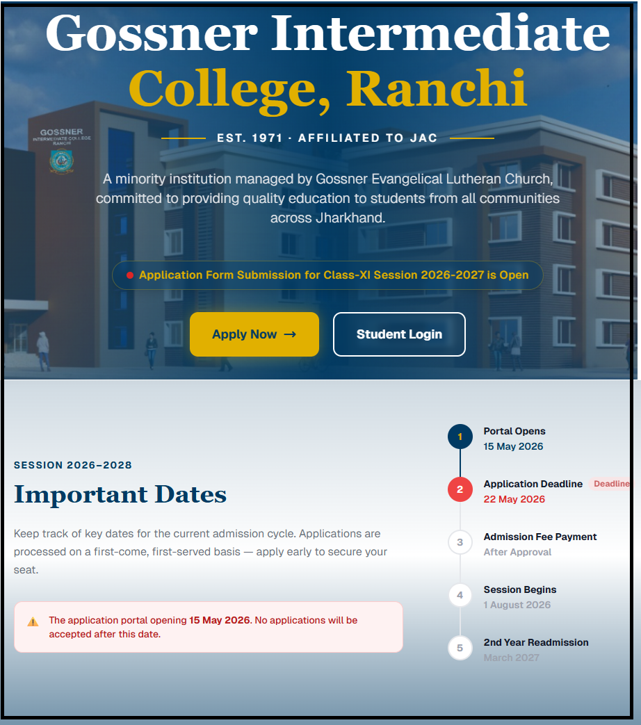 Gossner Intermediate College Ranchi Admission 2026