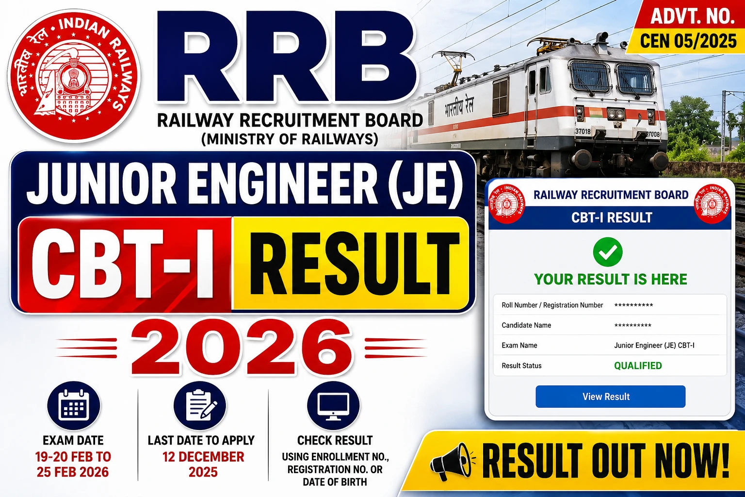 RRB Junior Engineer JE CBT-I Result 2026