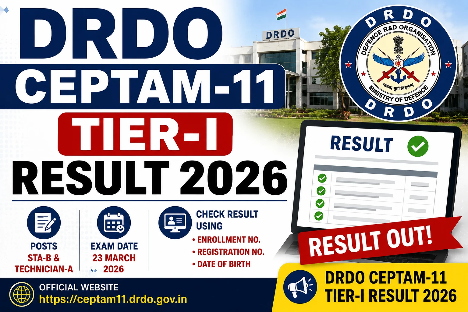 DRDO CEPTAM-11 Tier-I Result 2026