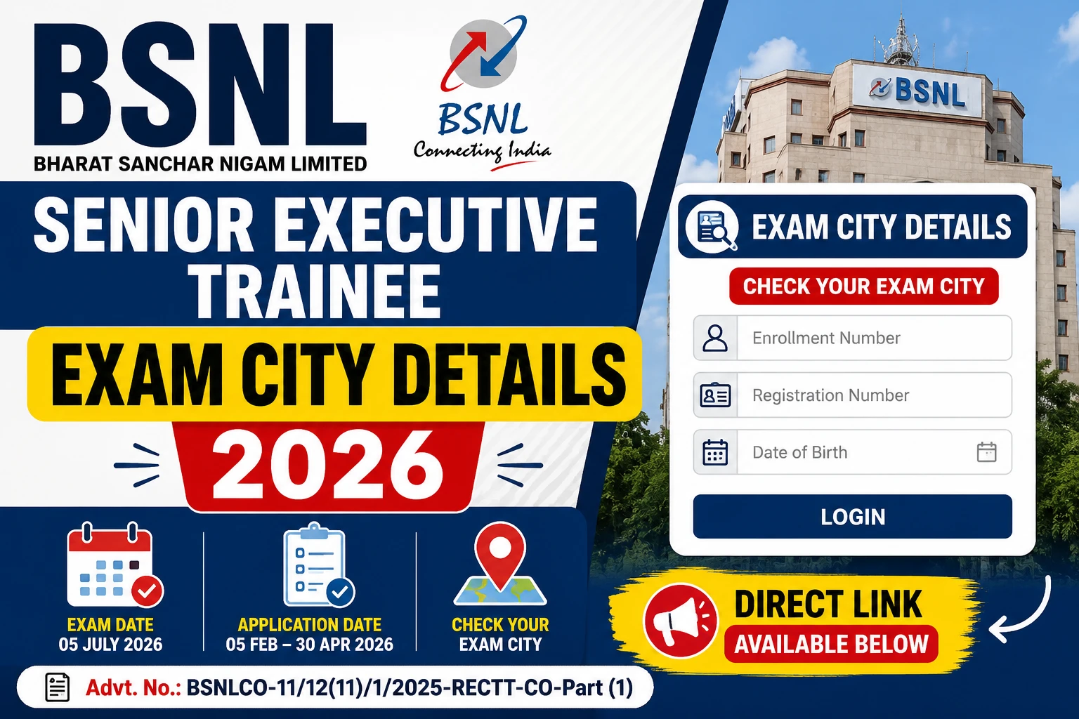 BSNL Senior Executive Trainee Exam City Details 2026