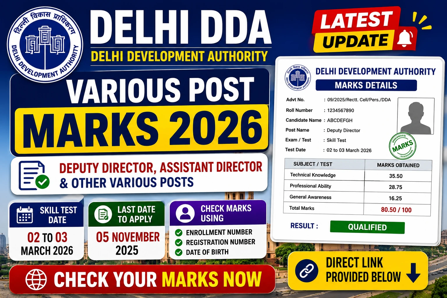 Delhi DDA Various Post Marks 2026