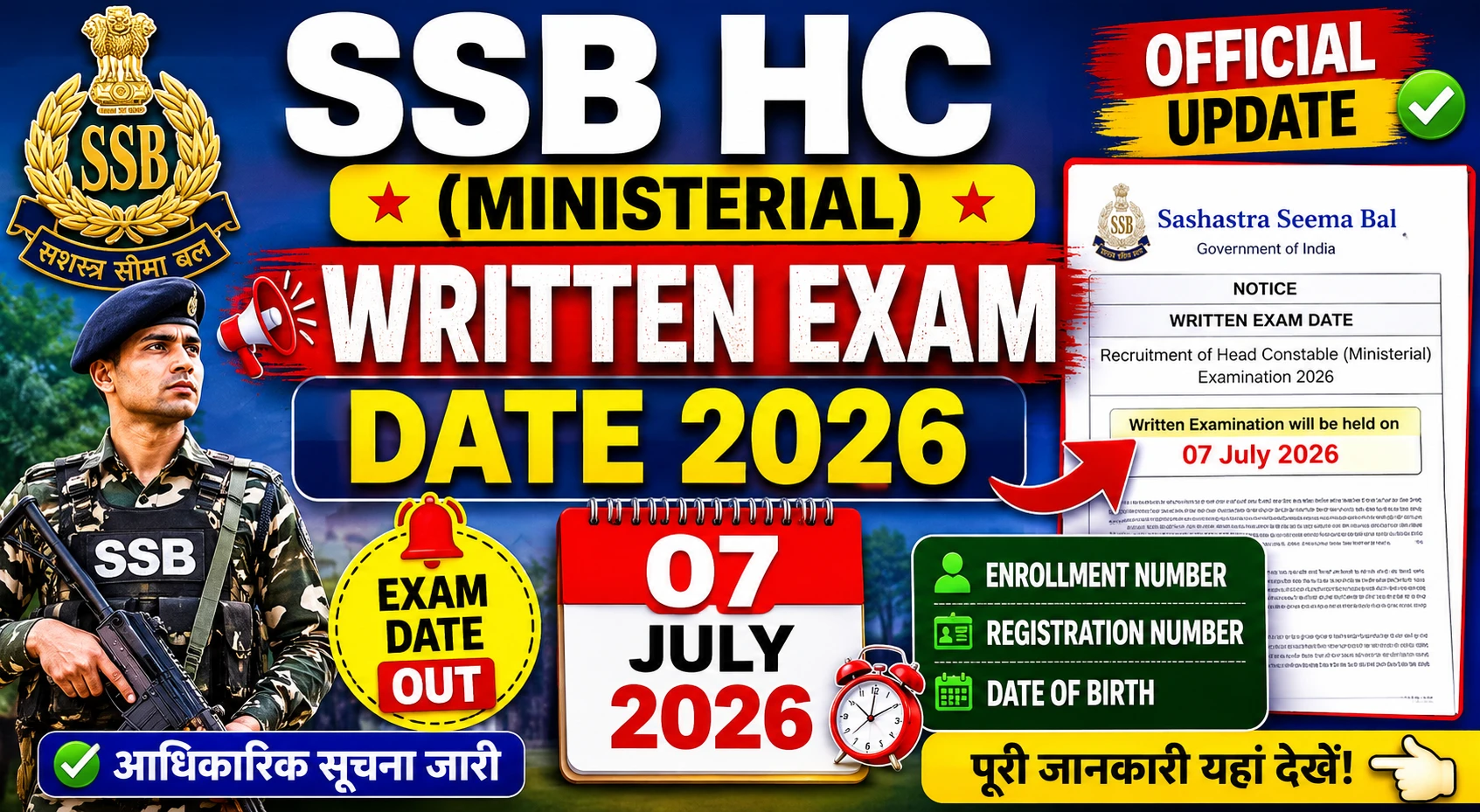 SSB HC (Ministerial) Written Exam Date 2026