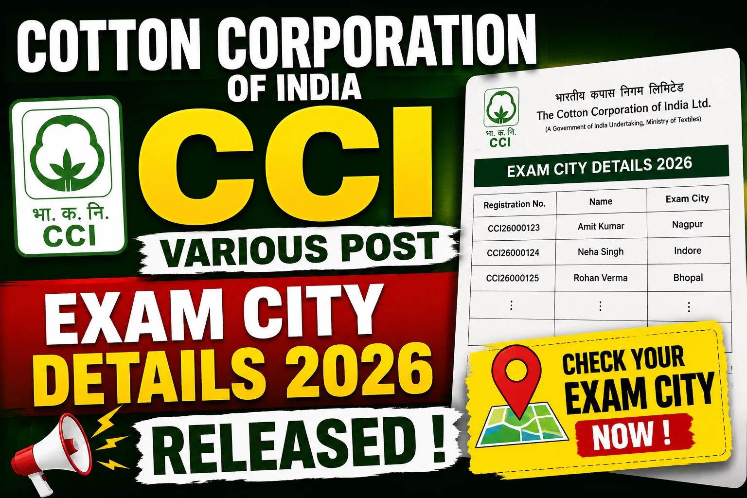 Cotton Corporation of India CCI Various Post Exam City Details 2026 released !