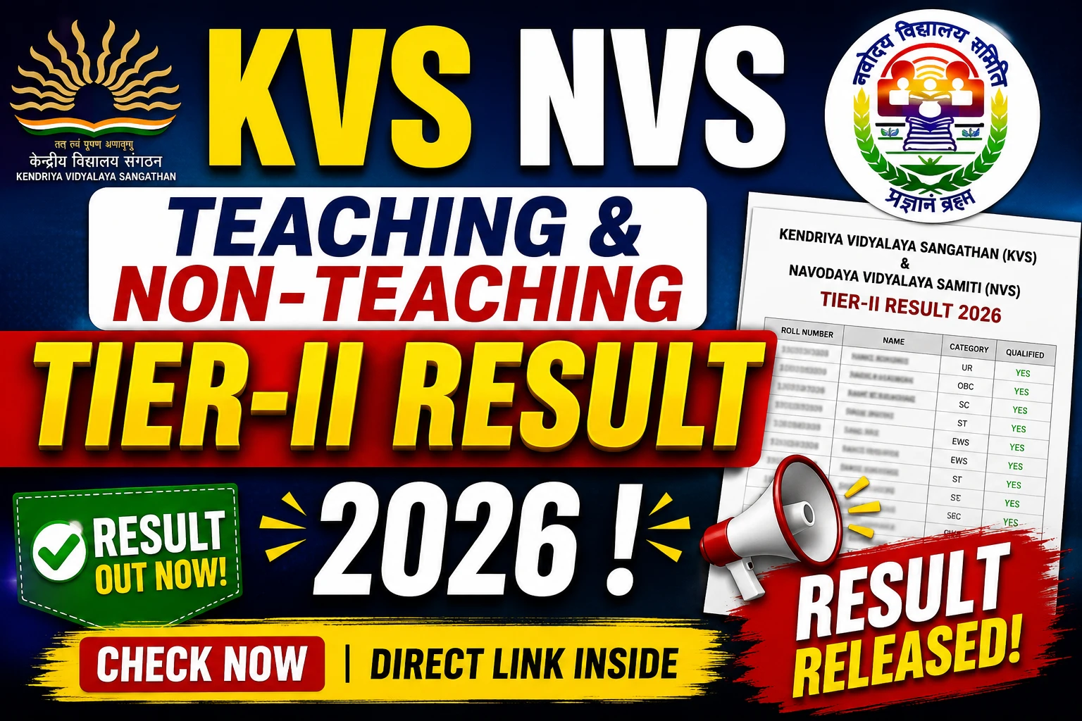 KVS NVS Teaching & Non-Teaching Tier-II Result 2026 !