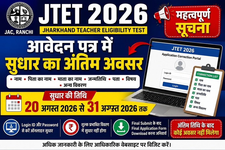 Jharkhand Teacher Eligibility Test (JTET) 2026 Application Correction Window