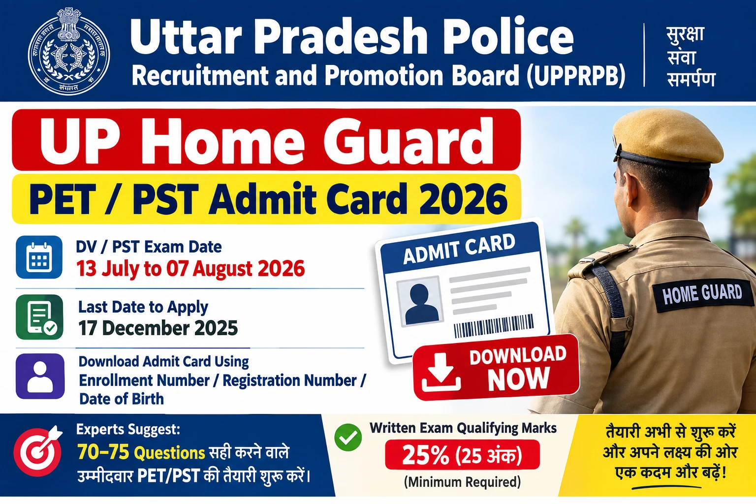 UP Home Guard PET / PST Admit Card 2026 !