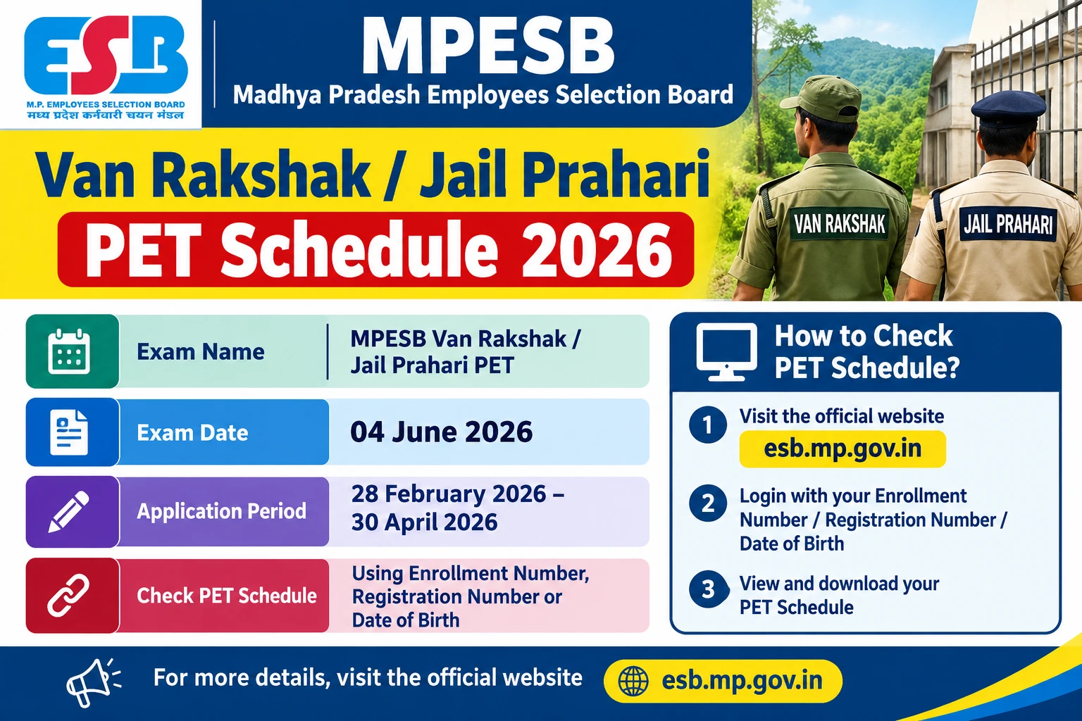 MPESB Van Rakshak / Jail Prahari PET Schedule 2026
