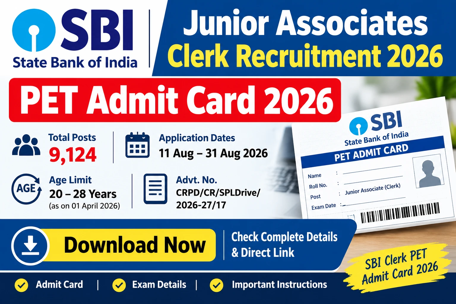 SBI Junior Associates Clerk PET Admit Card 2026