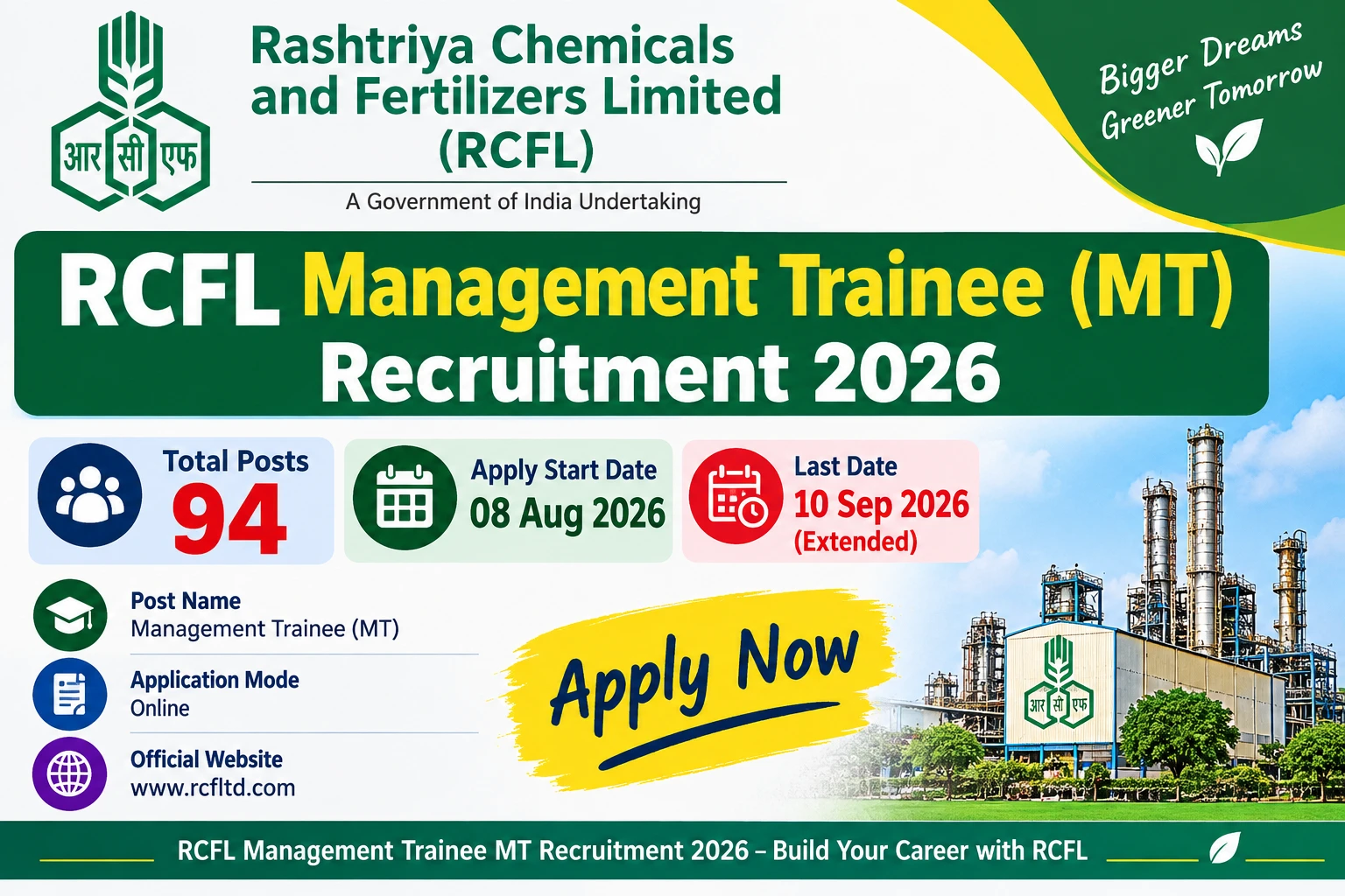 RCFL Management Trainee MT Recruitment 2026 keywords: **RCFL, Management Trainee, MT Recruitment 2026, RCFL Recruitment 2026, RCFL MT Vacancy, RCFL Jobs 2026, RCFL 94 Posts, RCFL Online Form, RCFL MT Vacancy 2026, Rashtriya Chemicals and Fertilizers Limited, RCFL Government Jobs, Fertilizer Jobs 2026, PSU Jobs 2026, Management Trainee Jobs, RCFL Apply Online**