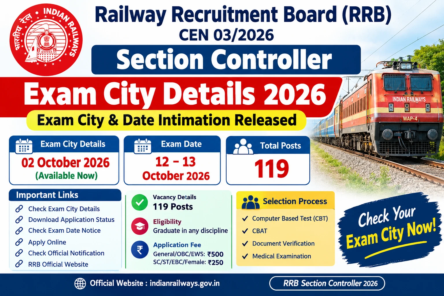 RRB Section Controller Exam City Details 2026